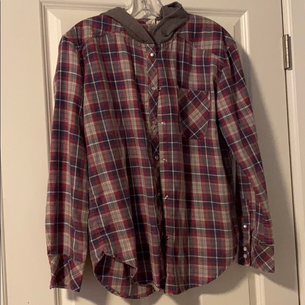 Roxy Hooded Flannel - Pink Grey Blue - Size S